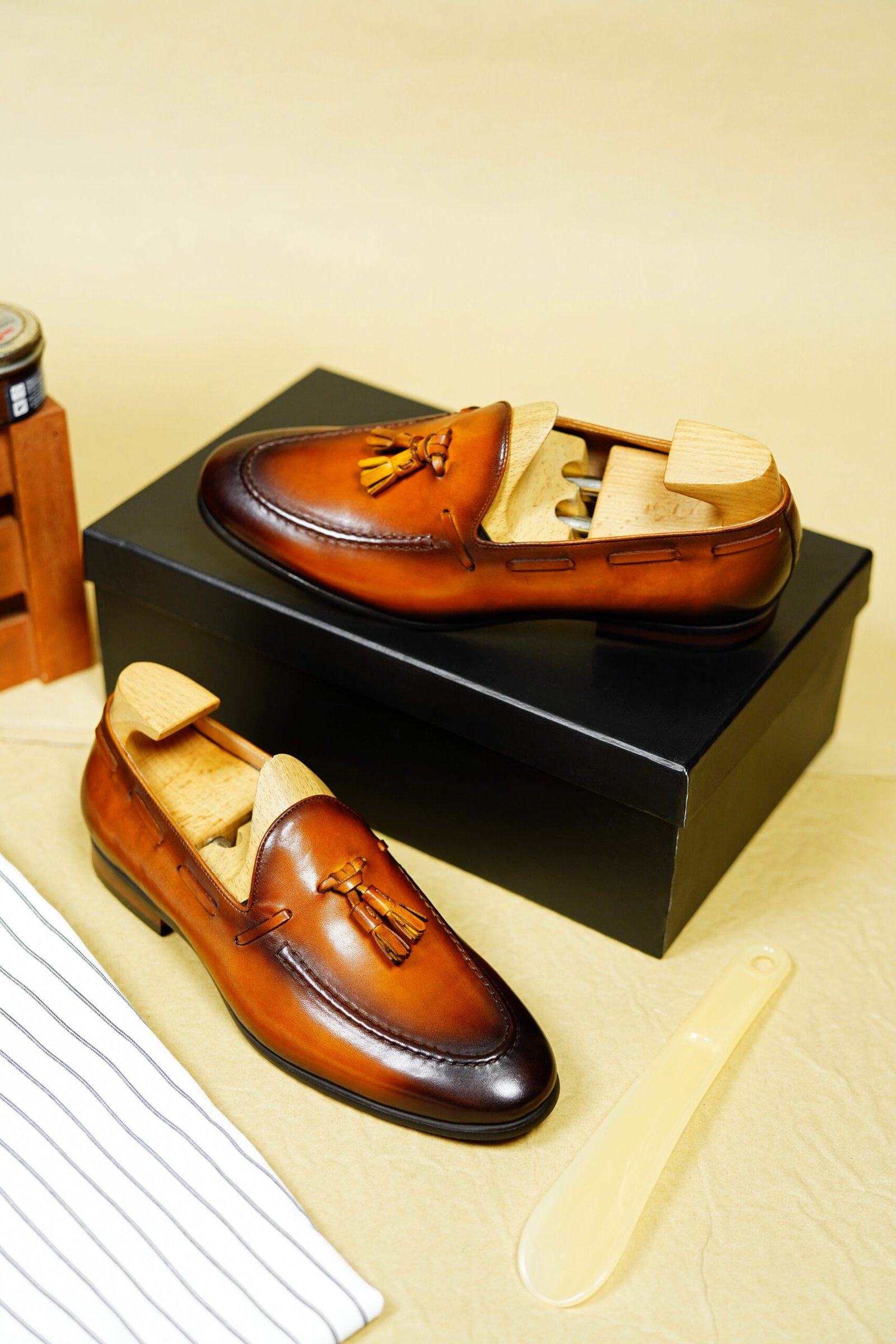 Tan Leather Tassel Loafers for Men 556-01 - Image 6