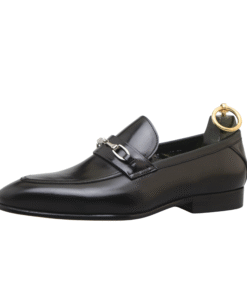 Black Leather Horsebit Loafers for Men